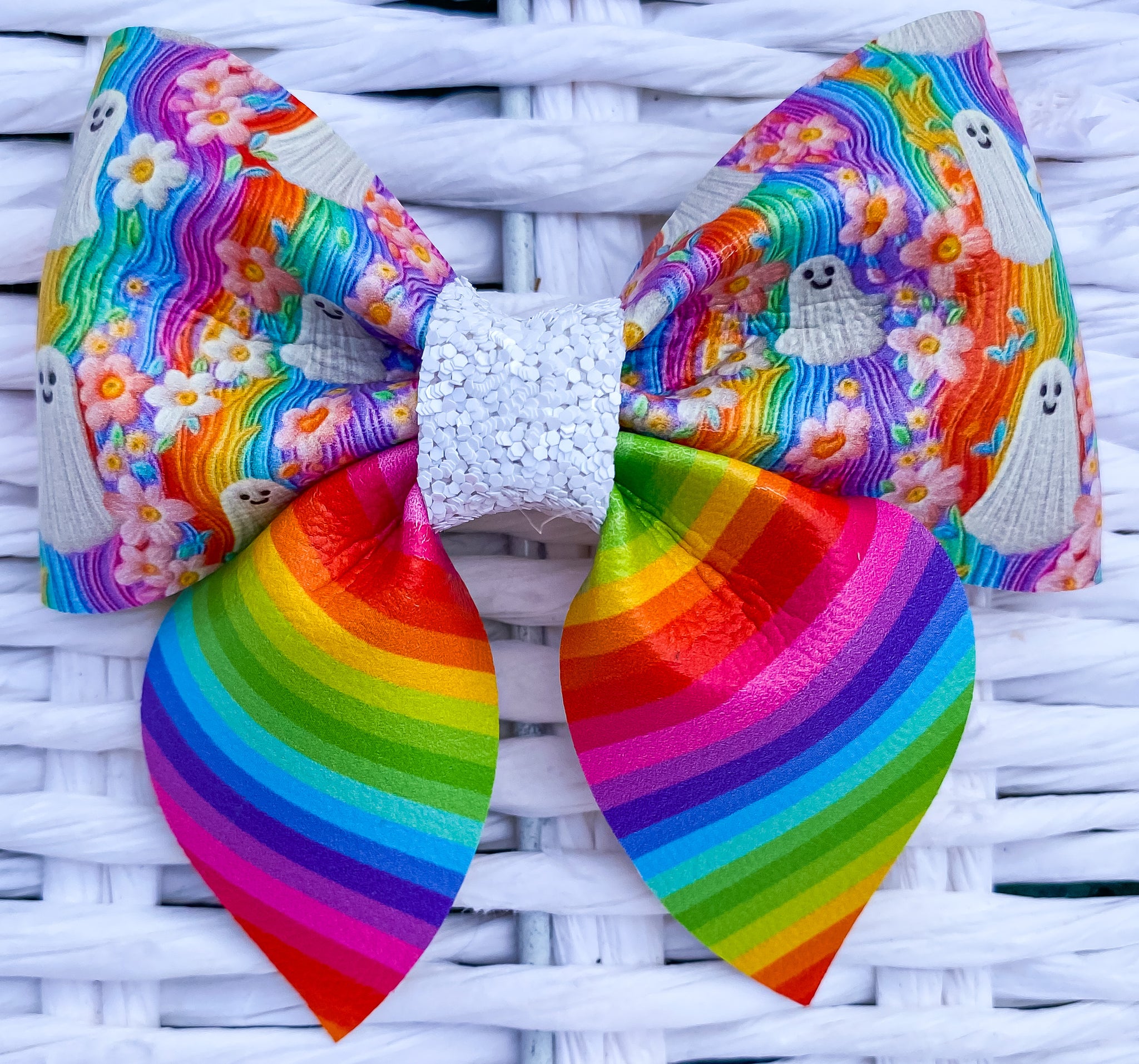 Pastel Rainbow Embroidered Ghosts Faux Leather Bow (Multiple Options)