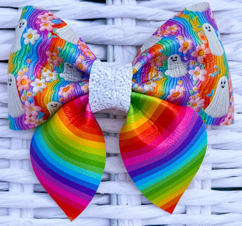 Pastel Rainbow Embroidered Ghosts Faux Leather Bow (Multiple Options)