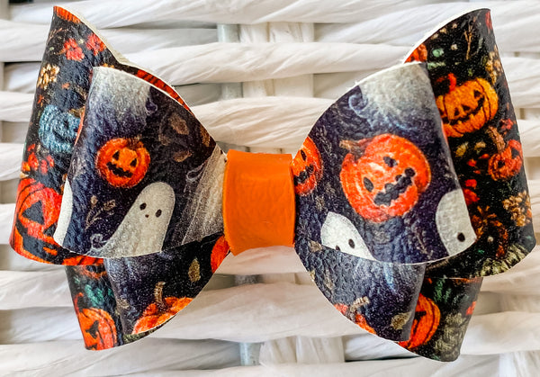 Ghosts & Pumpkins Faux Leather Bow (Multiple Options)
