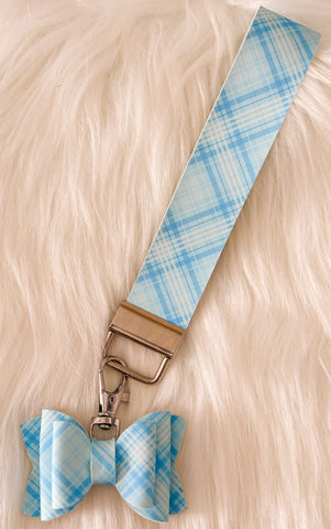 5" Frost Blue Plaid Faux Leather Wristlet Keychain Set