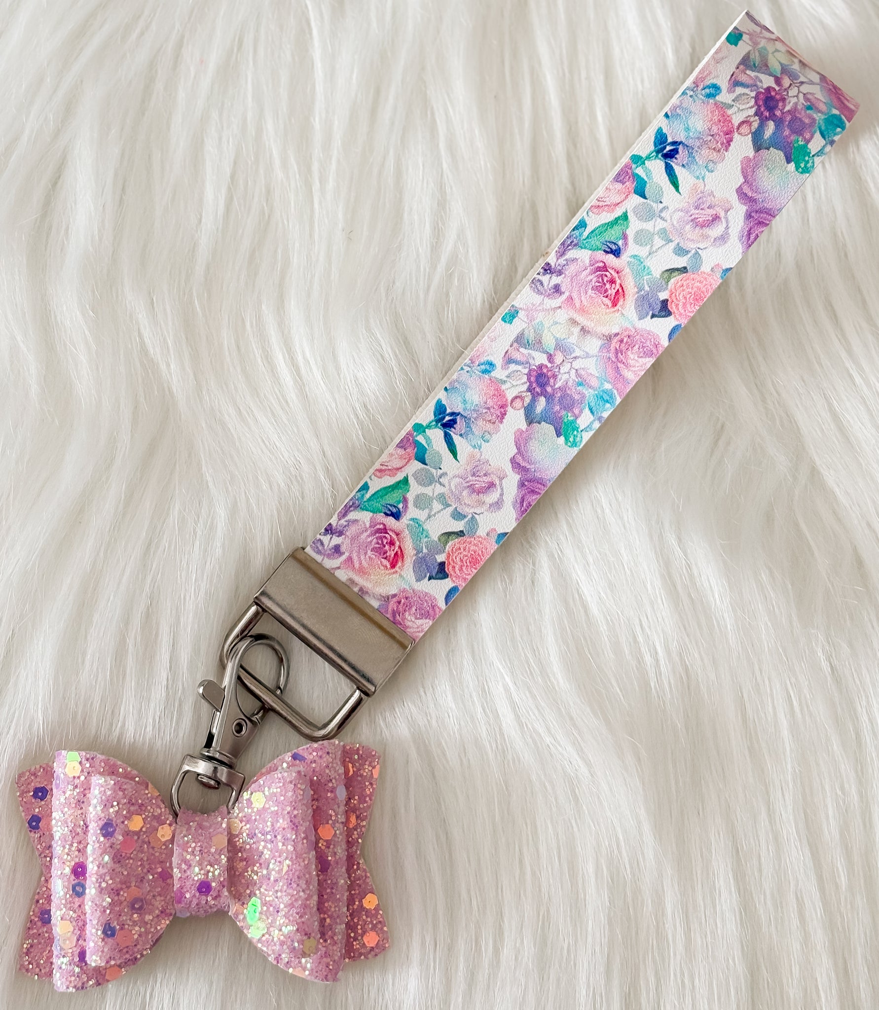 5" Iridescent Flowers Faux Leather Wristlet Keychain Set