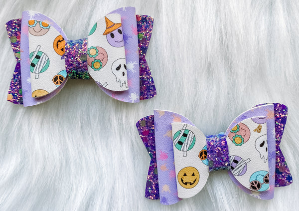 Halloween Smileys & Purple Spiders Faux Leather Bow (Multiple Options)