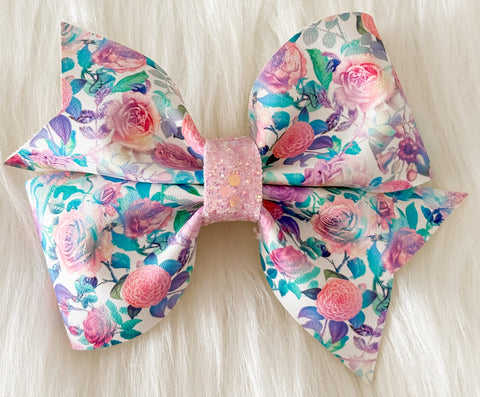 4" Iridescent Flowers Faux Leather Larkin Bow