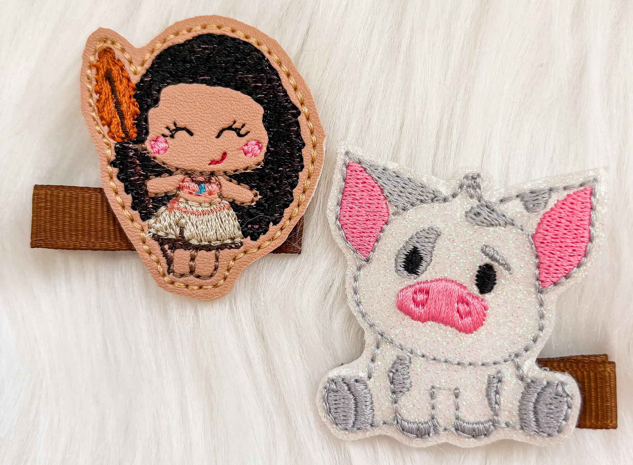 2" Island Girl & Pig Feltie Hair Clip Set