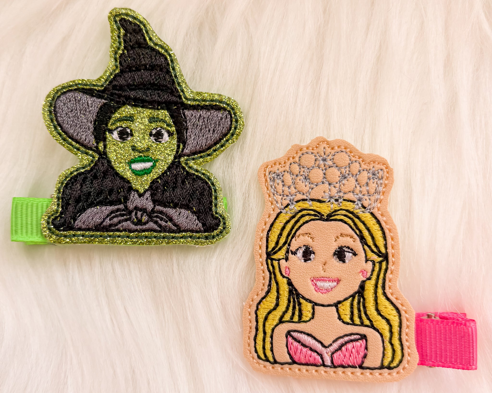 2" Pink & Green Witches Feltie Hair Clip Set