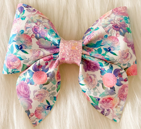 3.5" Iridescent Flowers Faux Leather Sailor Bow