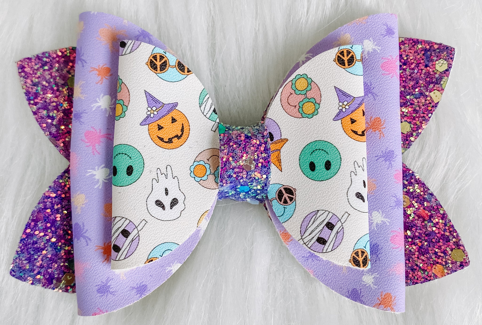 Halloween Smileys & Purple Spiders Faux Leather Bow (Multiple Options)