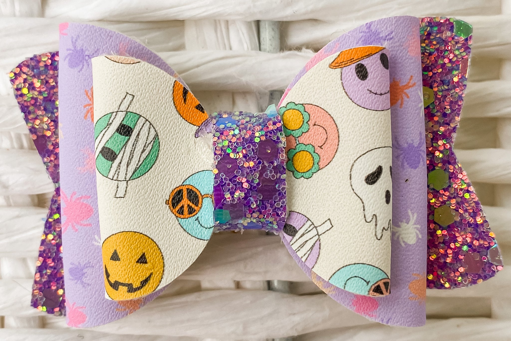 Halloween Smileys & Purple Spiders Faux Leather Bow (Multiple Options)