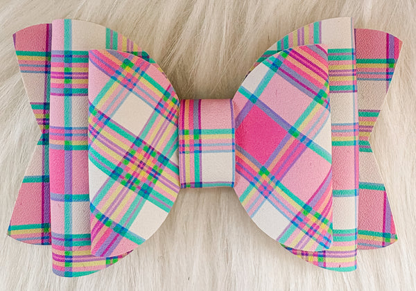 Pink Spring Plaid Faux Leather Bow (Multiple Options)