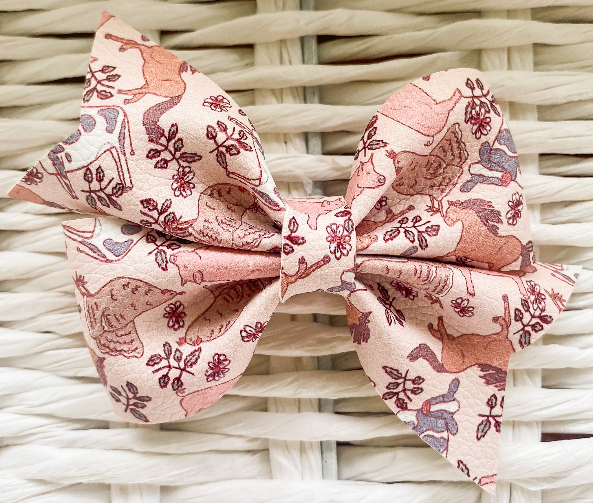 Pink Farm Animals Faux Leather Bow (Multiple Options)