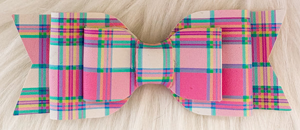 Pink Spring Plaid Faux Leather Bow (Multiple Options)