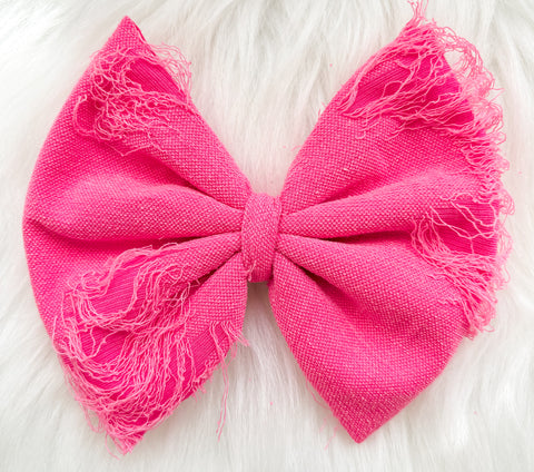 Neon Bubblegum Distressed Denim Fabric Bow (Multiple Options)