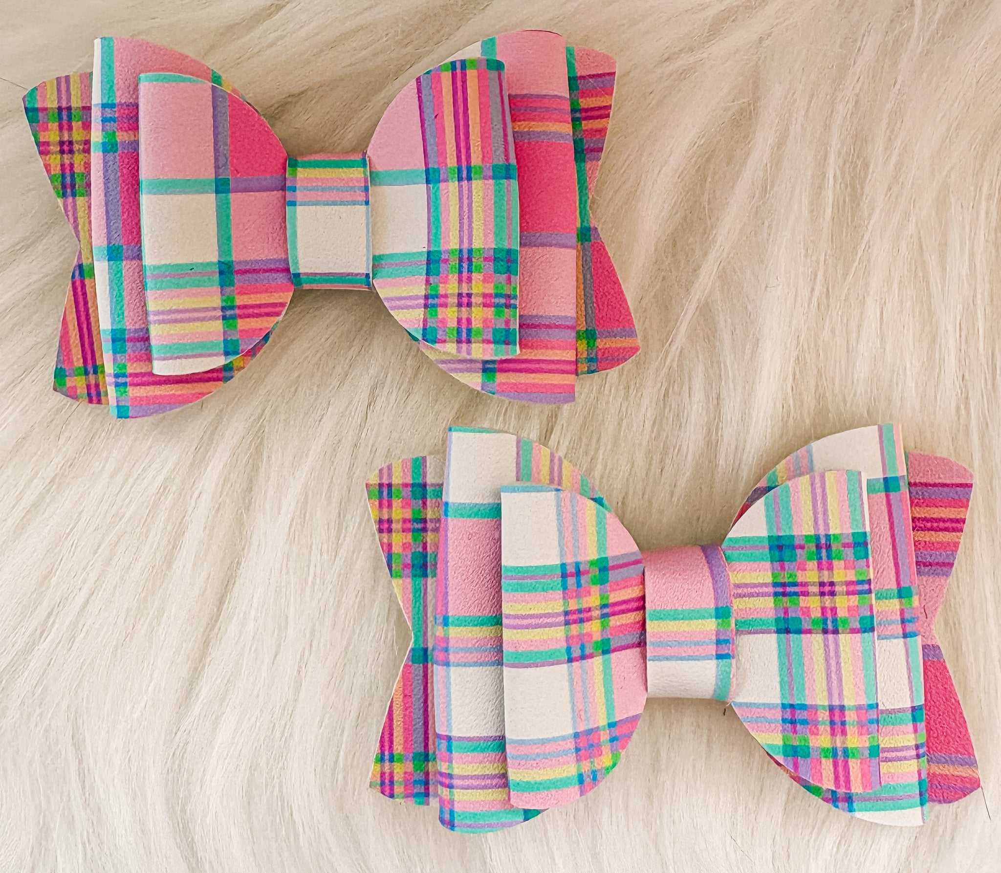 Pink Spring Plaid Faux Leather Bow (Multiple Options)