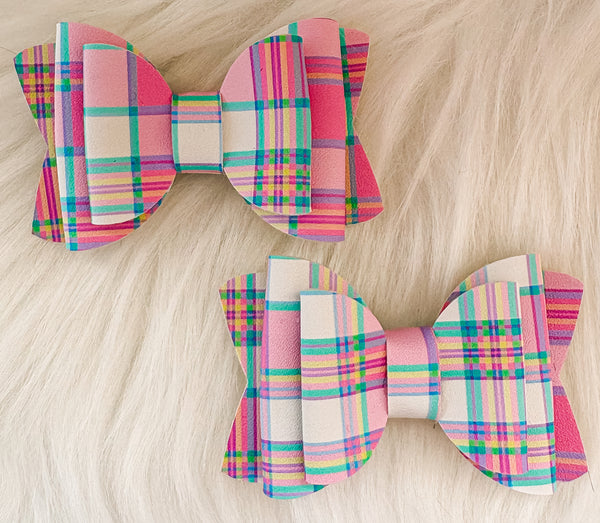 Pink Spring Plaid Faux Leather Bow (Multiple Options)