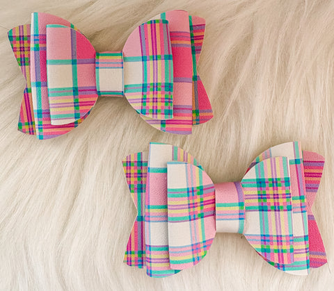 Pink Spring Plaid Faux Leather Bow (Multiple Options)