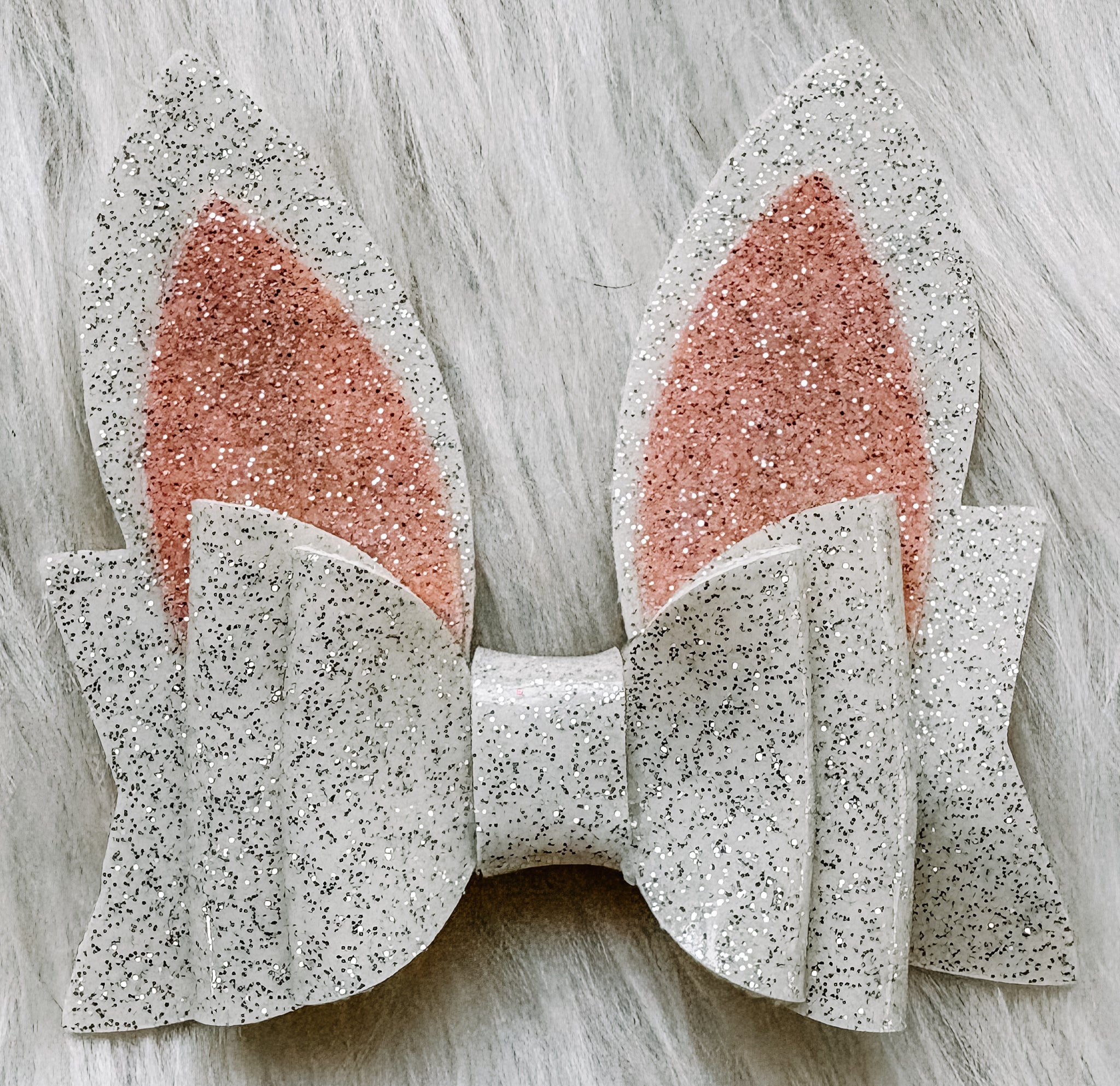 3" Glossy White Glitter Ears Faux Leather Bow