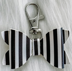 2" Black White Striped Ella Faux Leather Bow Keychain