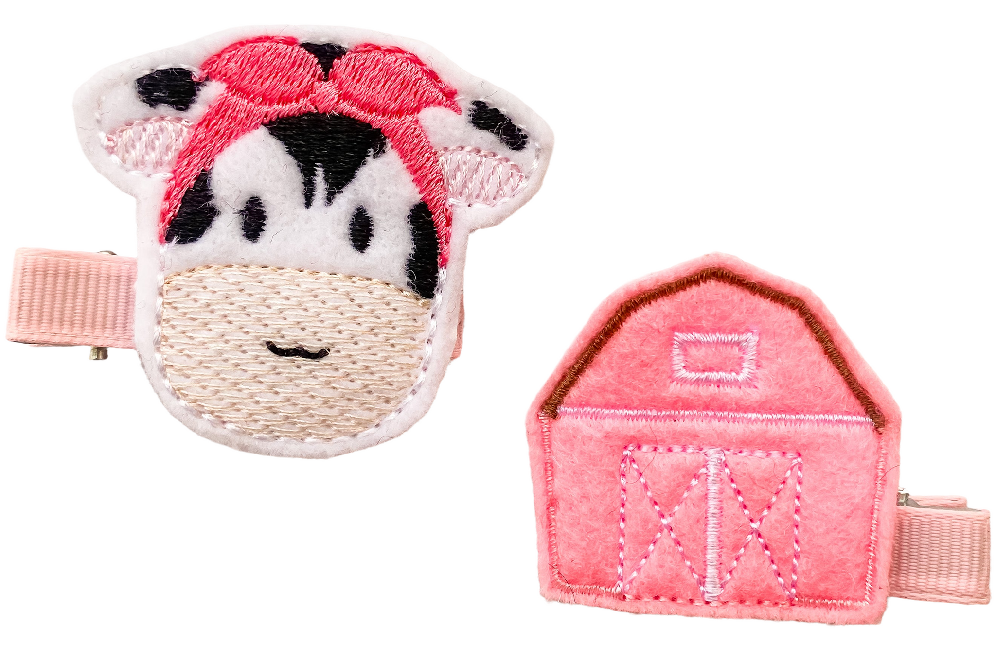 2" Cow & Barn (Pink) Feltie Hair Clip Set